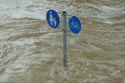 A pedestrian and a bicycle traffic sign engulfed in a flood